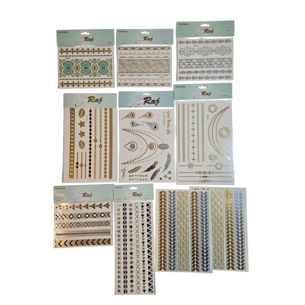 Raj Metallic Temporary Tattoos Gold Silver Body Art Decals Set